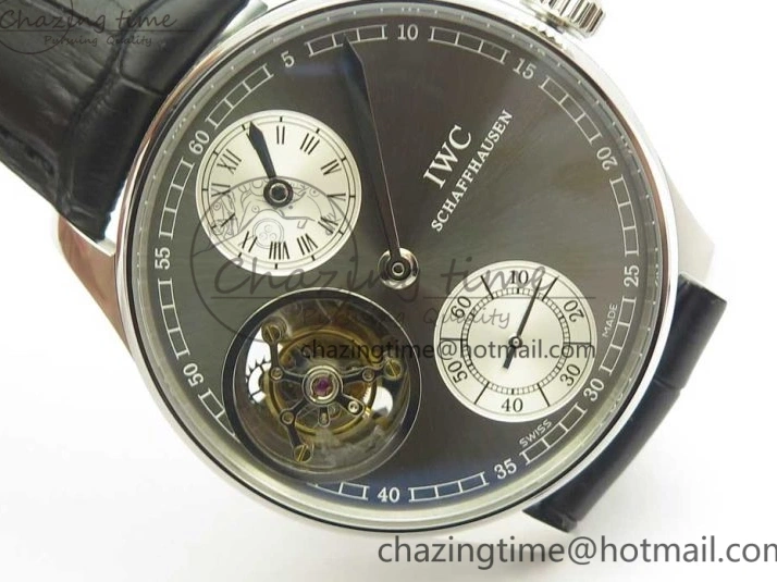 MIROTIME 0714 Popular Portuguese Flying Tourbillon SS Gray Dial 2 Sub Dials on Black Leather Strap 7159